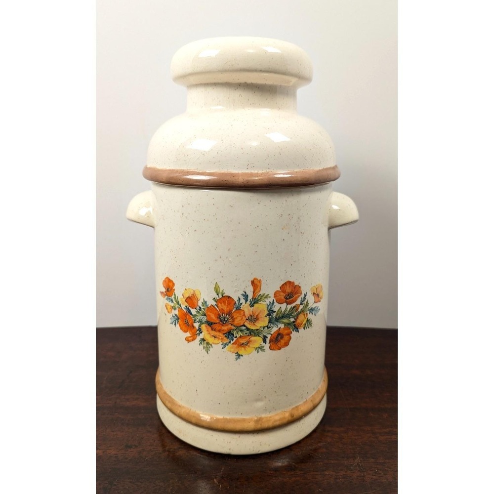 Vintage Ceramic Floral Canister Poppy Decal Speckled Glaze